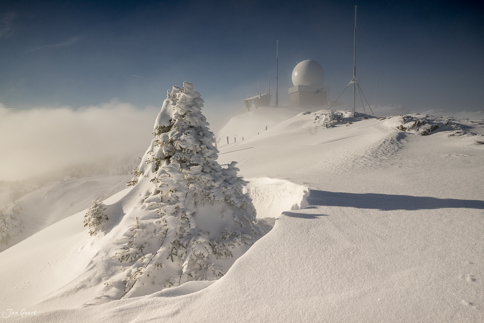 Schneebedeckte Fichte und Radar-Station auf La Dole im Jura während Winterschneefall – Jan Geerk Fotograf Basel