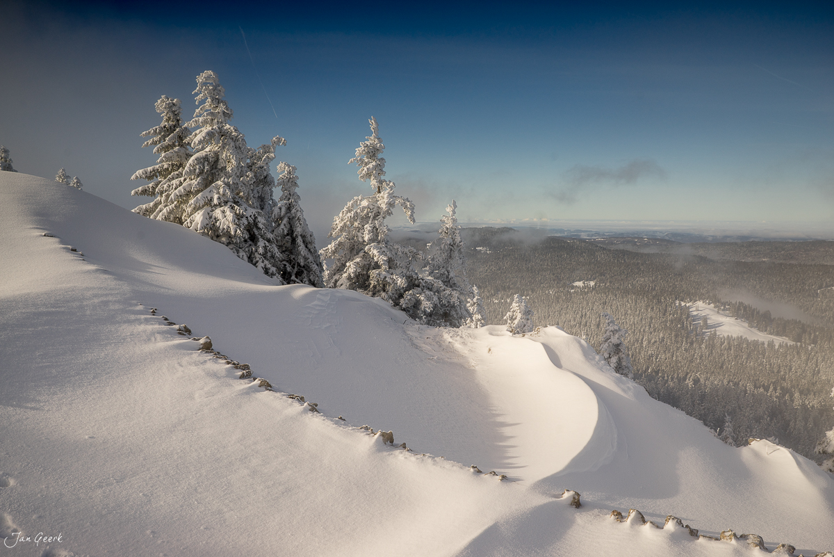 Schneebedeckte Fichten und Bergrücken in La Dole im Jura mit Fernblick über verschneite Winterlandschaft – Jan Geerk Fotograf Basel