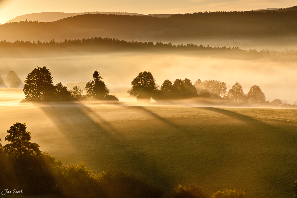 Nebel über Bergwiese Saignelégier Sonnenaufgang Herbst Jura Schweiz Jan Geerk Fotograf Basel