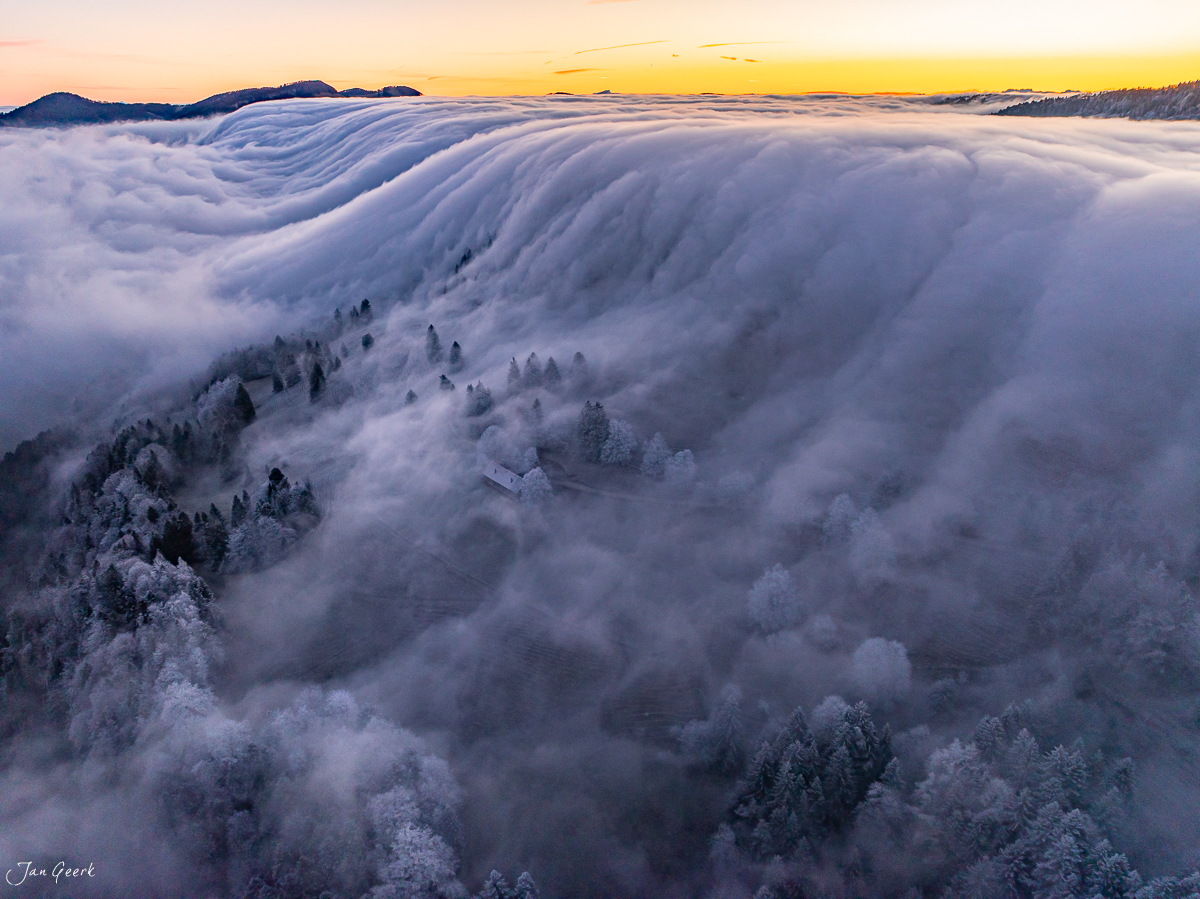 Nebelmeer am Scheltenpass mit verschneiten Fichten im Jura bei Sonnenaufgang, Winter in der Schweiz – Jan Geerk Fotograf Basel