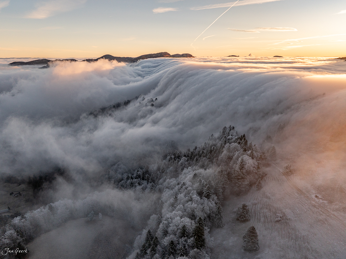 Nebelmeer am Scheltenpass mit verschneiten Fichten bei Sonnenaufgang, Solothurn Jura Schweiz – Jan Geerk Fotograf Basel