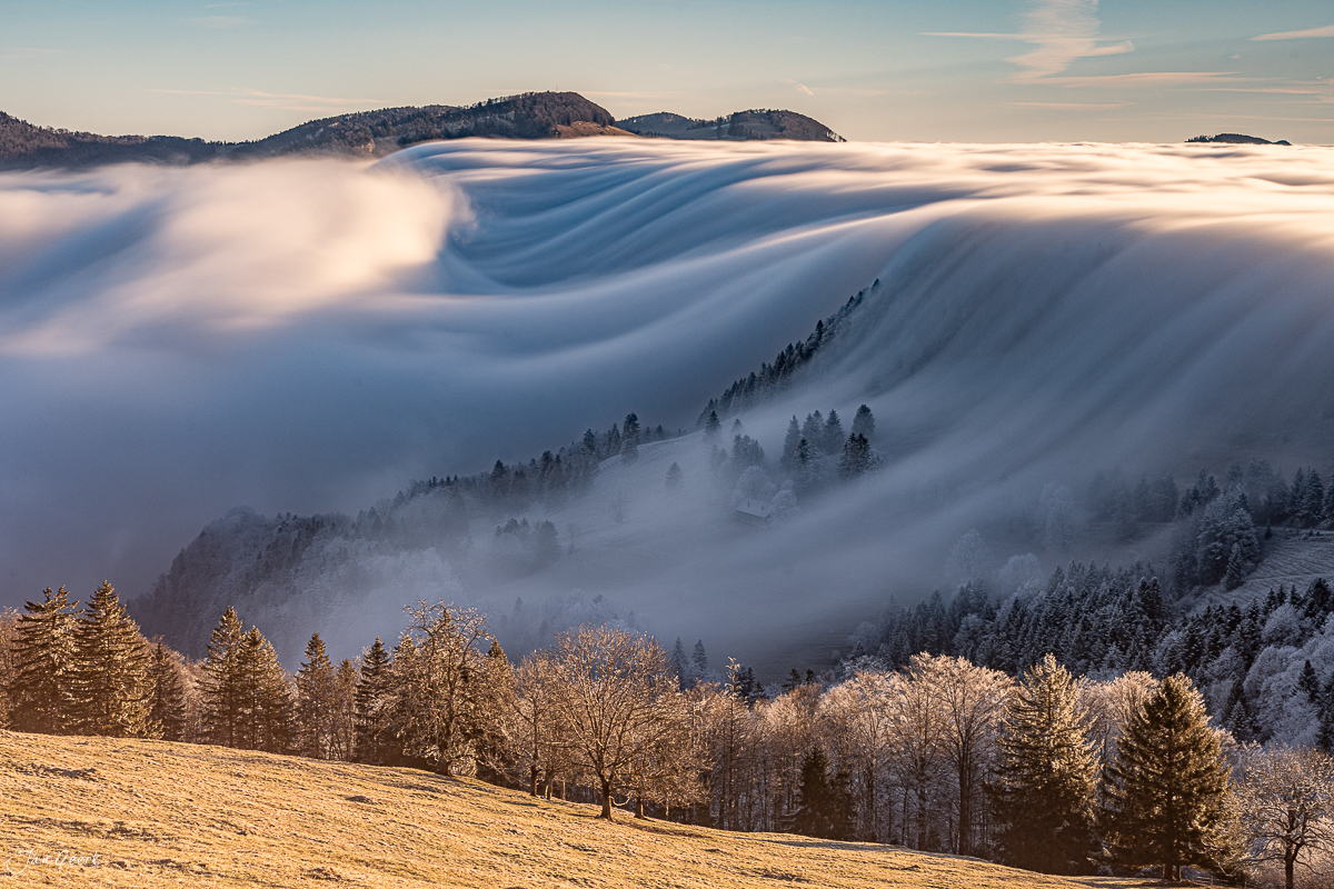 Nebelmeer am Scheltenpass mit verschneiten Wäldern und Bergsilhouetten im Winterlicht, Solothurn Schweiz – Jan Geerk Fotograf Basel