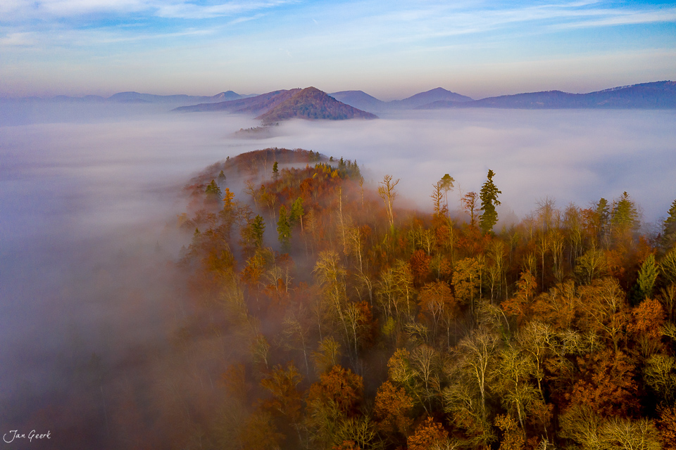 Herbstliche Nebelwelle über der Gisliflue mit Wald und Bergen, Kantlicht, Nordwestschweiz – Jan Geerk Fotograf Basel