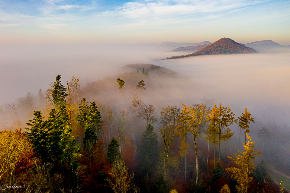 Herbstliche Nebelwelle über Gisliflue mit Wald und Bergen in Morgenlicht Aargau Schweiz – Jan Geerk Fotograf Basel