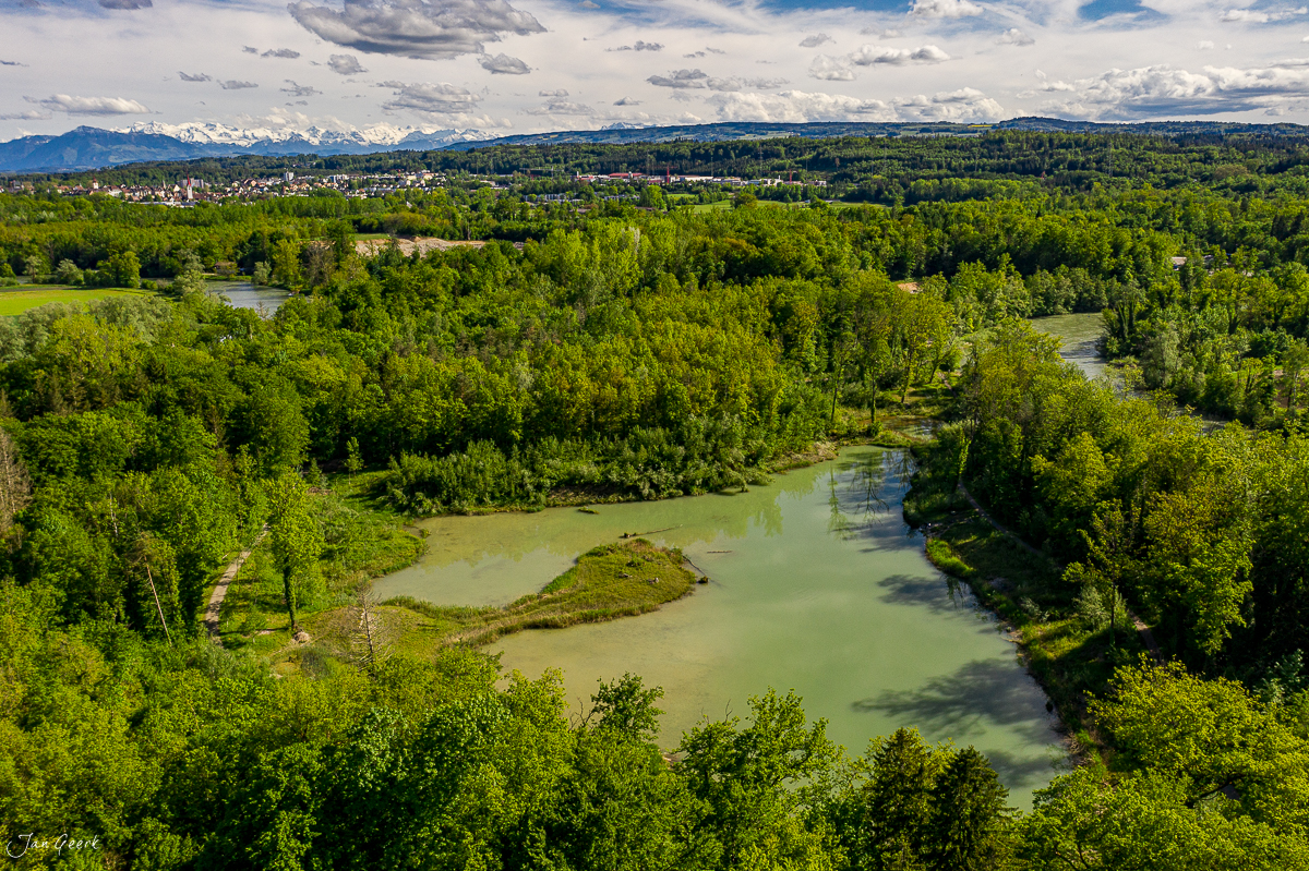 Luftaufnahme der Reussschlaufe bei Hegnau mit grünem Wald, Mittelland und Alpenpanorama im Sommer, Schweiz – Jan Geerk Fotograf Basel