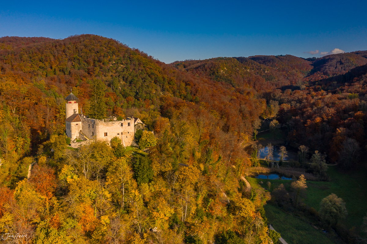 Schloss Reichenstein herbstlich umgeben von Wald in der Birseck Baselland Schweiz – Jan Geerk Fotograf Basel