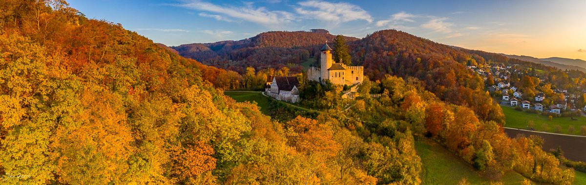 Schloss Reichenstein in Herbstfarben umgeben von goldgelben Wäldern in der Abendsonne, Baselland Schweiz – Jan Geerk Fotograf Basel