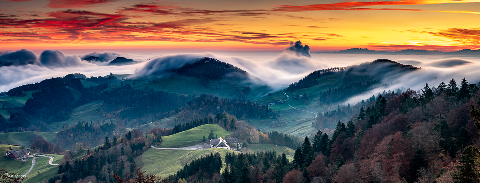 Nebelmeer über bewaldete Hügel im Bölchen bei Sonnenaufgang, Nordwestschweiz – Jan Geerk Fotograf Basel