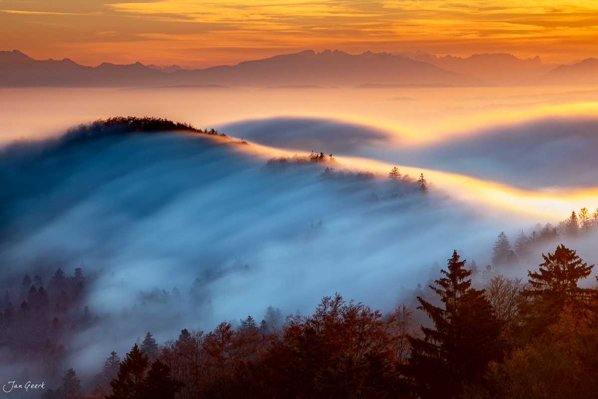 Nebellandschaft Bölchen mit Morgennebel und Herbstwald Nordwestschweiz Schweiz – Jan Geerk Fotograf Basel