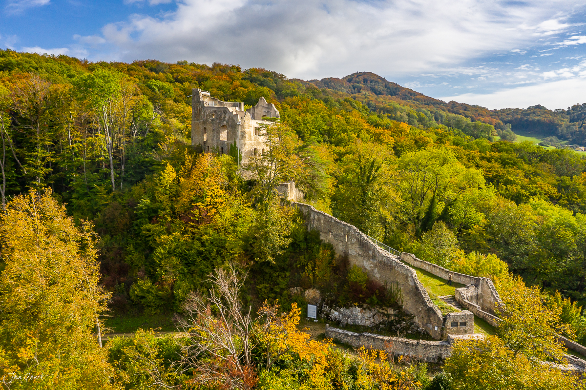 Luftaufnahme einer Burgruine in Baselland umgeben von Herbstwald und grünen Hügeln – Jan Geerk Fotograf Basel
