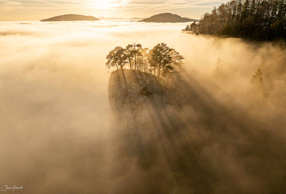 Felsennadel mit Bäumen über Nebelmeer bei Ankenballen im Herbst, Baselland Schweiz – Jan Geerk Fotograf Basel