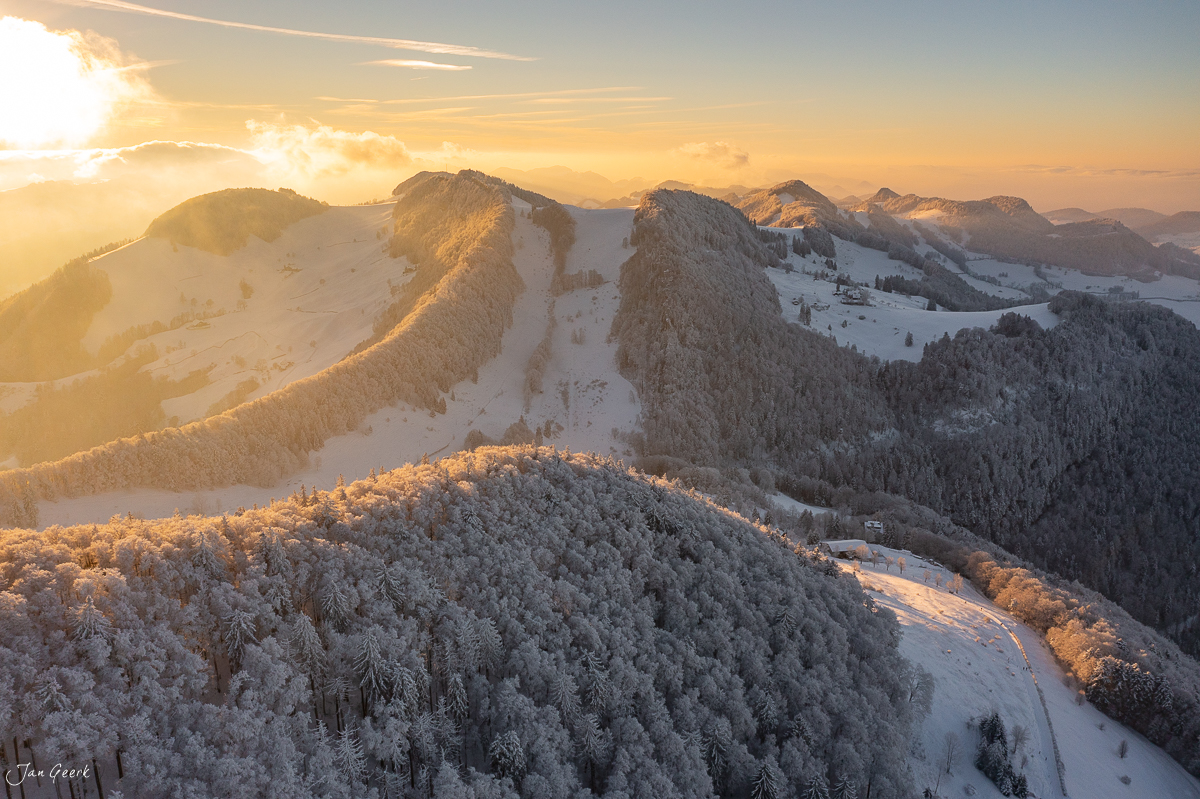 Schneebedeckte Waldweid mit Fichten im Morgenlicht, Baselland Schweiz – Jan Geerk Fotograf Basel