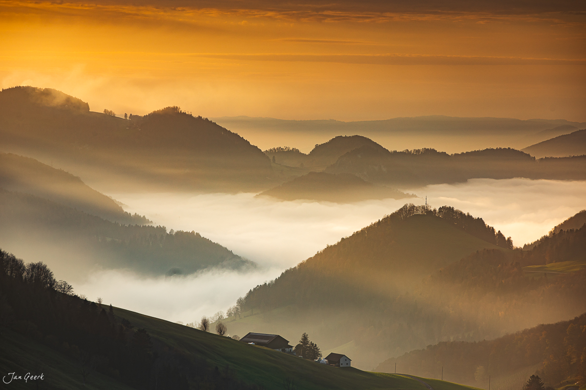 Nebelwelle über Waldweid im Herbst, Baselland Nordwestschweiz mit Kantlicht – Jan Geerk Fotograf Basel