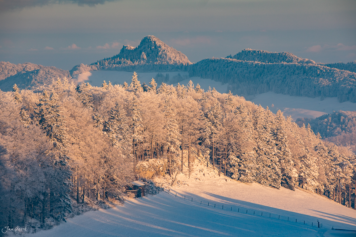 Schneebedeckte Waldlandschaft am Waldweid mit verschneiten Fichten, Kantlicht und Passwang im Hintergrund, Baselland, Schweiz – Jan Geerk Fotograf Basel