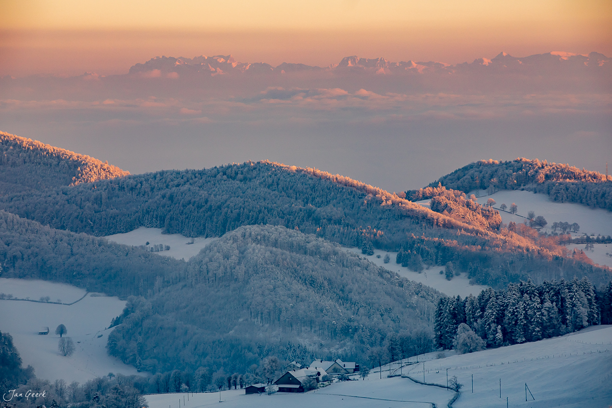 Winterlandschaft Waldweid mit Schnee, Nebel und Bergwald bei Sonnenaufgang in der Schweiz – Jan Geerk Fotograf Basel