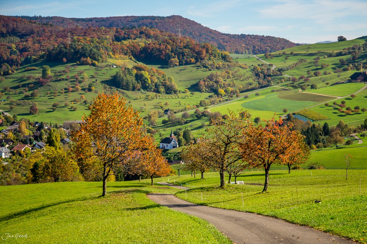 Herbstliche Landschaft mit goldenen Bäumen Berner Oberland Frühherbst Nordwestschweiz – Jan Geerk Fotograf Basel