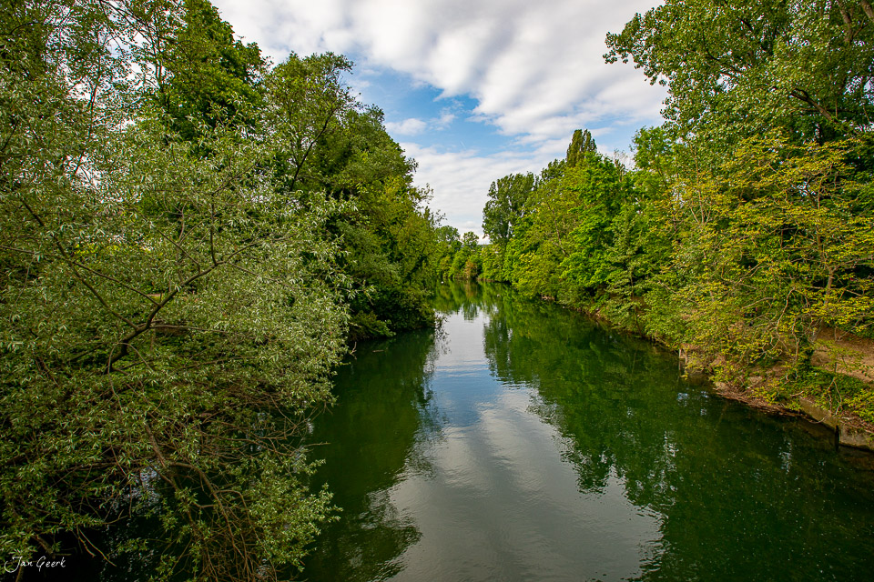 Flusslandschaft Birs bei Dornach mit grünen Bäumen und Spiegelung im Wasser, Sommerliche Lichtstimmung Nordwestschweiz Schweiz – Jan Geerk Fotograf Basel