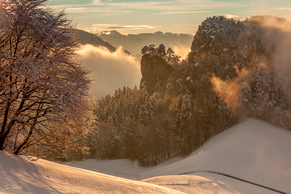 Schneebedeckte Winterlandschaft am Bölchen mit nebelverhangenen Felsklippen und verschneiten Fichten in der Jura, Baselland Schweiz – Jan Geerk Fotograf Basel