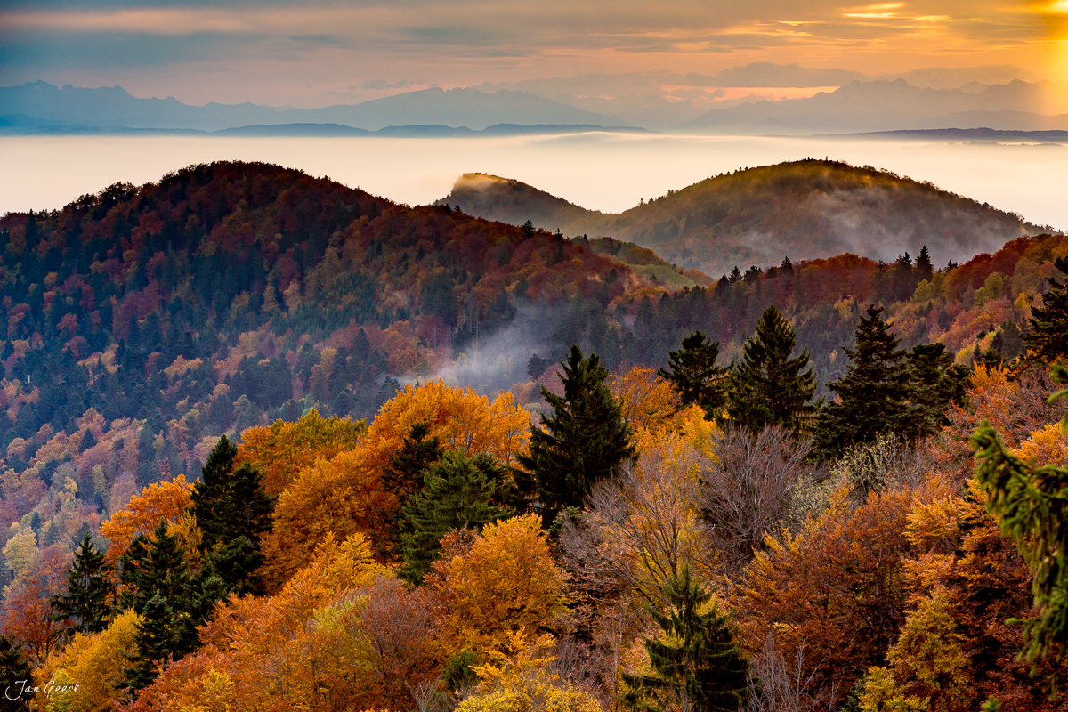 Herbstliche Berglandschaft Bölchen Baselbiet Nebel Jura Schweiz Jan Geerk Fotograf Basel