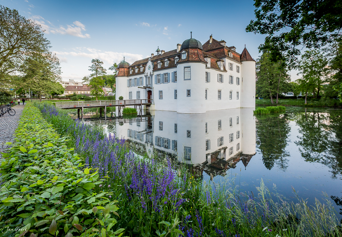 Schloss Bottmingen spiegelt sich im Wasser, umgeben von lila Frühjahrsblühern, Baselland Schweiz – Jan Geerk Fotograf Basel
