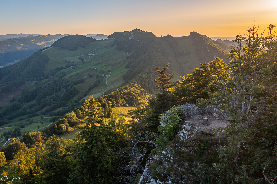 Luftaufnahme Chellechöpfli mit grünen Hängen und Wald bei goldener Sommerabendsonne in der Region Baselland Schweiz von Jan Geerk Fotograf Basel