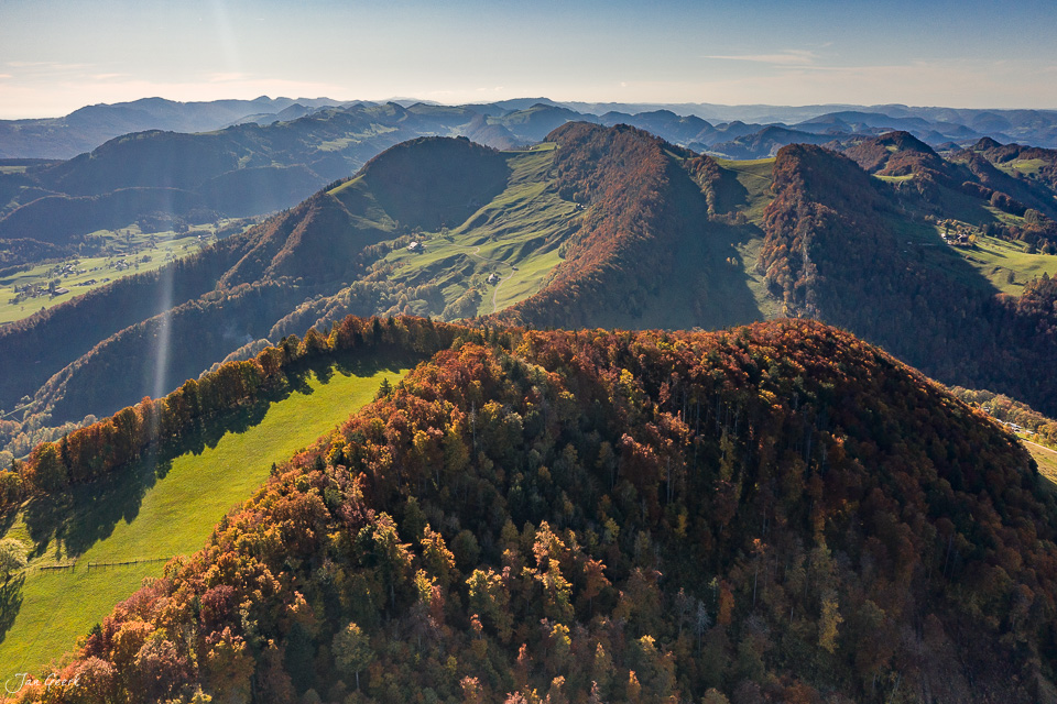 Herbstliche Berglandschaft mit Wald und Wiesen am Passwang bei Sonnenaufgang in der Schweiz – Jan Geerk Fotograf Basel