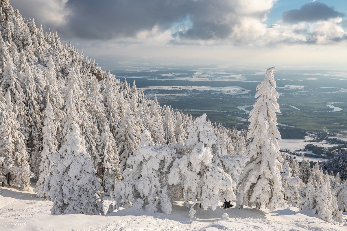Schneeverhangene Fichten auf der Hasenmatt mit Blick ins Tal, Winterlicht, Jura Schweiz – Jan Geerk Fotograf Basel