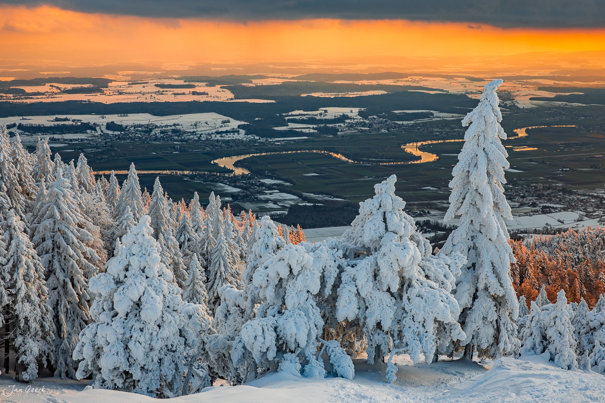 Schneebedeckte Fichten bei Hasenmatt im Winter mit Blick ins Tal, Jura Nordwestschweiz – Jan Geerk Fotograf Basel