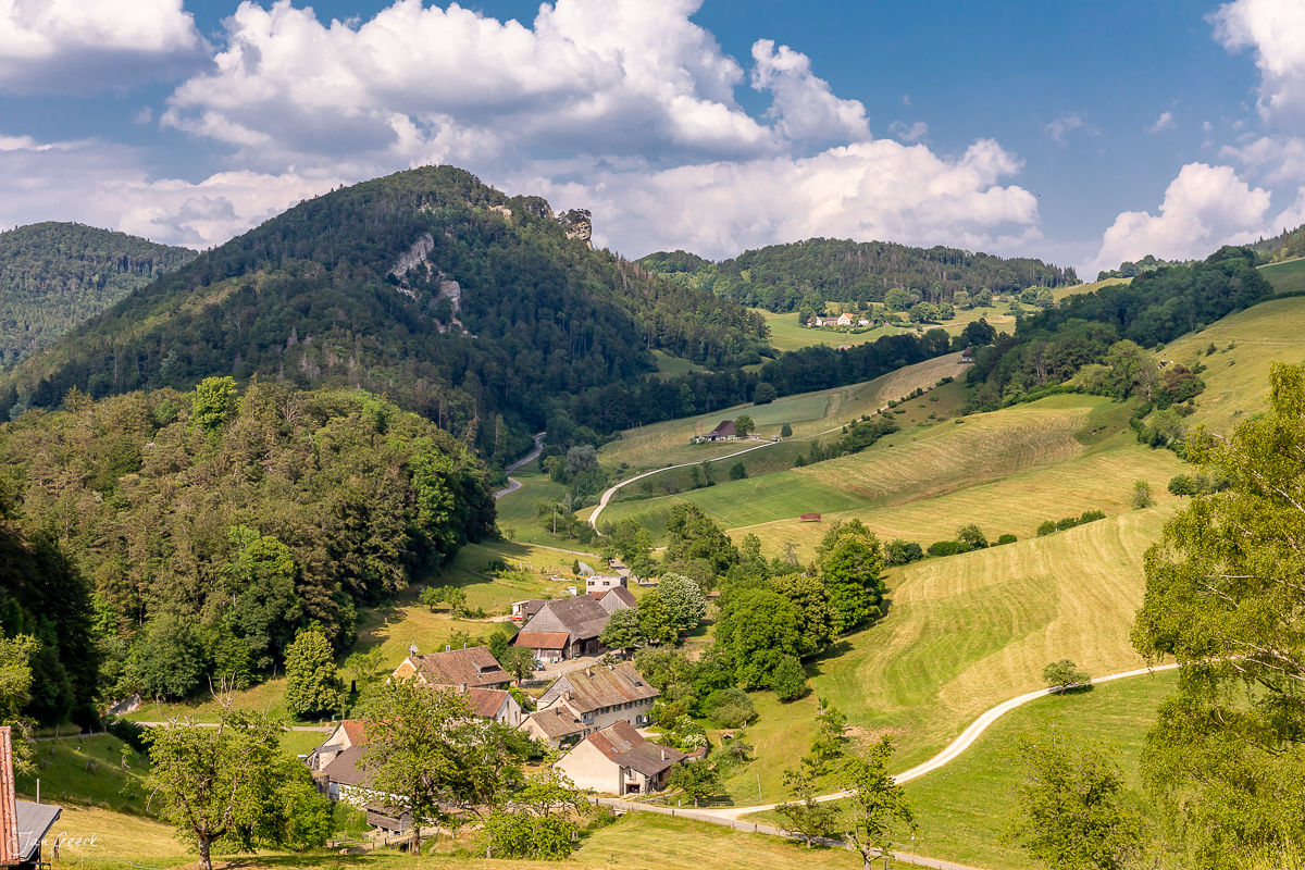 Idyllisches Tal mit Bauernhöfen, grünen Wiesen und bewaldeten Bergen in Schönthal im Sommer – Schweiz Jan Geerk Fotograf Basel