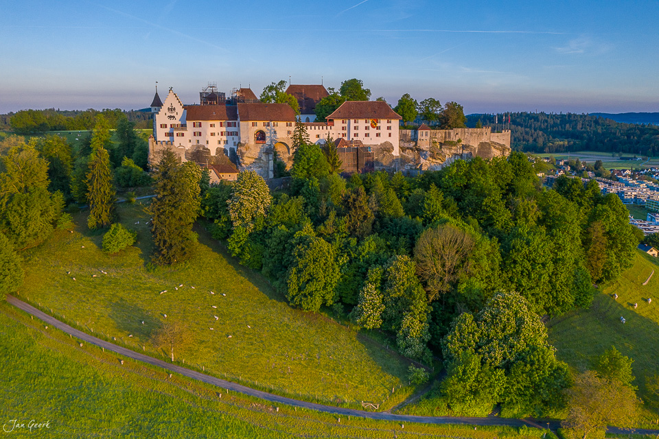 Schloss Lenzburg auf grüner Anhöhe mit Wald im Frühling, Luftaufnahme Schweiz – Jan Geerk Fotograf Basel