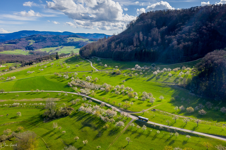 Luftaufnahme Nuglar-St.Pantaleon mit blühenden Kirschbäumen, grünen Wiesen und Rhein im Frühjahrslicht, Nordwestschweiz – Jan Geerk Fotograf Basel