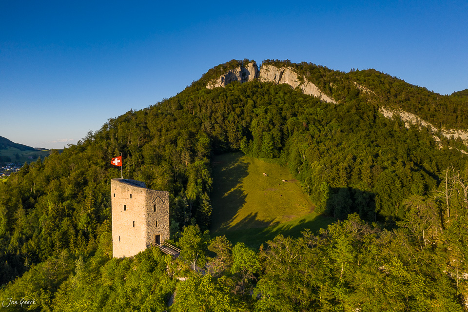 Burgruine Gilgenberg über grünem Tal mit Wald bei Nunningen Baselland Schweiz – Jan Geerk Fotograf Basel