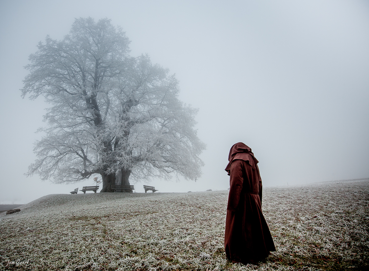 Frau in rotem Mantel vor Baum mit Reif, Nebel und Frost, Nordwestschweiz – Jan Geerk Fotograf Basel
