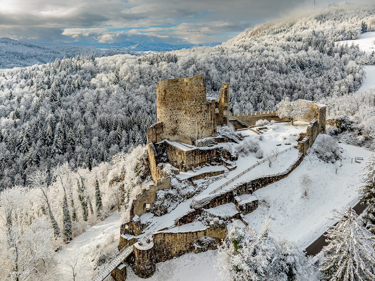 Burgruine Pfeffingen im Schnee mit verschneiten Wäldern, Winterluftaufnahme Baselland Schweiz – Jan Geerk Fotograf Basel