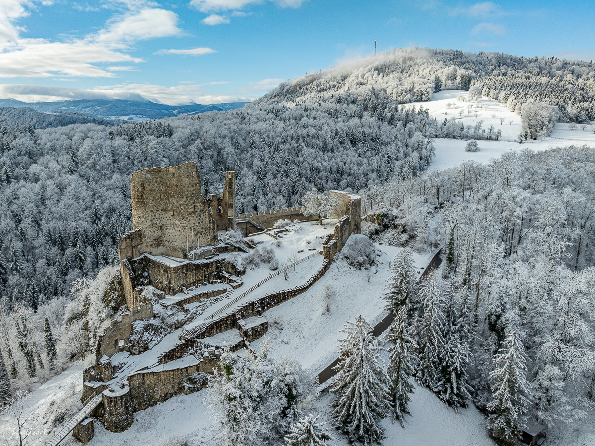 Burgruine Pfeffingen im Schnee mit verschneitem Wald und Bergen im winterlichen Baselbiet Schweiz – Jan Geerk Fotograf Basel