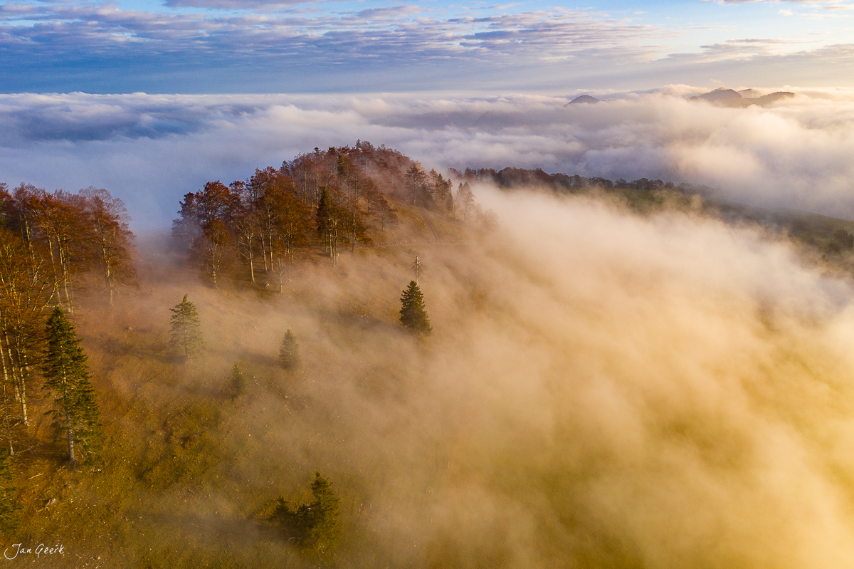 Nebelmeer über Herbstwald am Scheltenpass mit Kantlicht, Nordwestschweiz – Jan Geerk Fotograf Basel