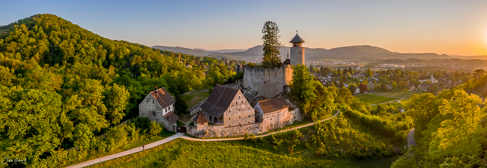 Luftaufnahme Schloss Birseck in Arlesheim bei goldenem Frühlingslicht umgeben von grüner Waldlandschaft Schweiz – Jan Geerk Fotograf Basel