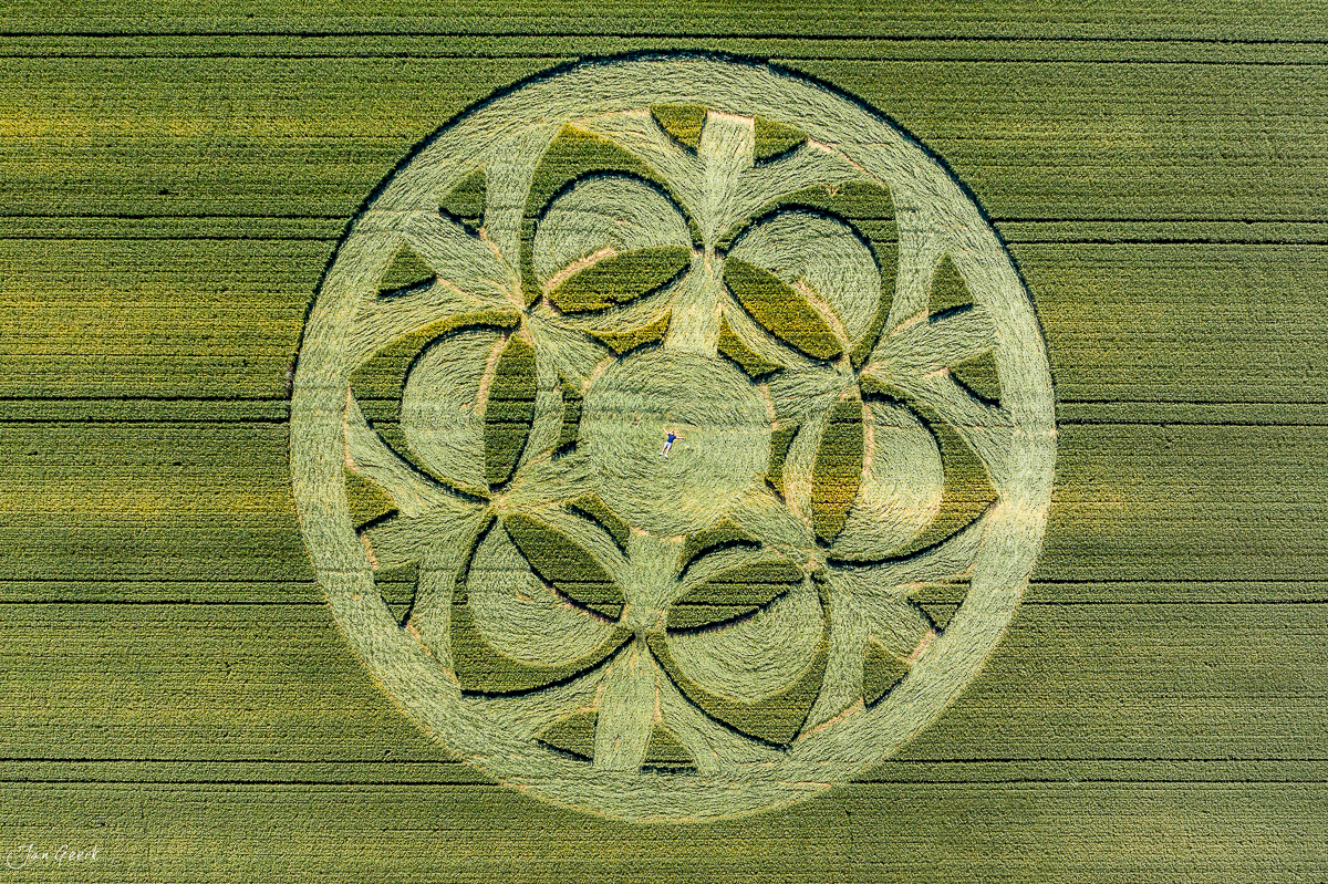 Geometrisches Crop Circle Pattern in Getreidefeld bei Solothurn Sommerliche Luftaufnahme Nordwestschweiz Jan Geerk Fotograf Basel