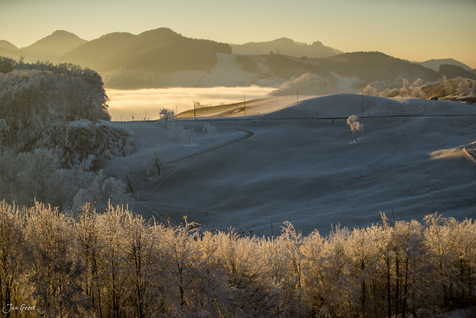 Winterlandschaft Wisen mit Reifbelag und Nebelwelle in Baselland Schweiz – Jan Geerk Fotograf Basel