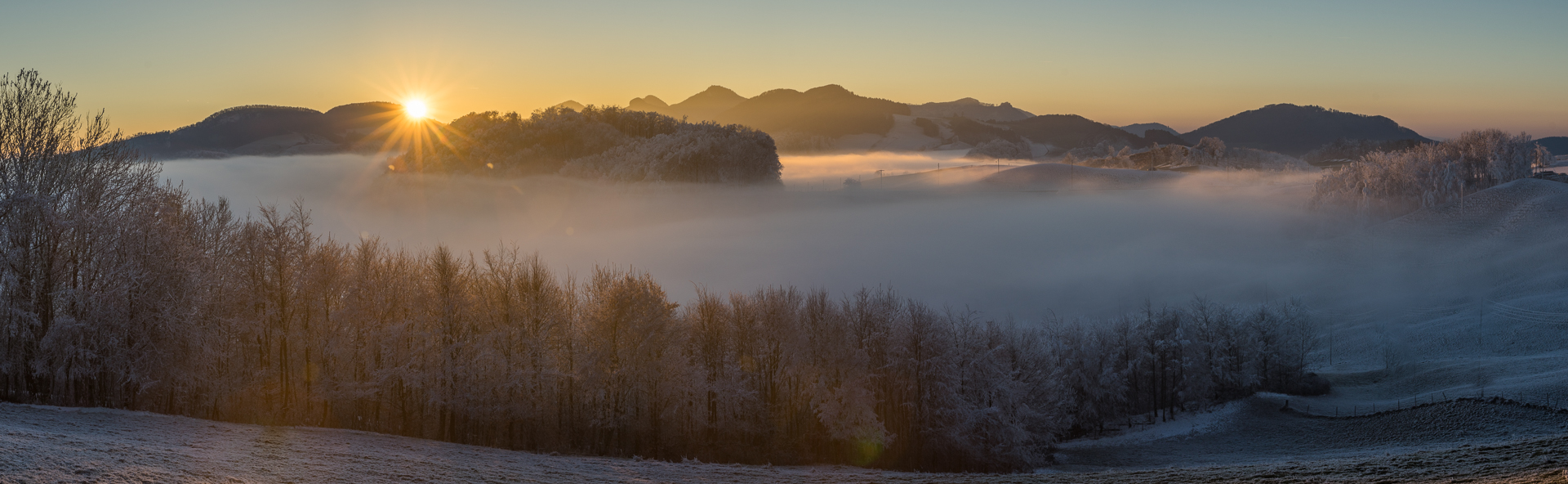 Nebelwelle über Wisen mit Frost bedeckten Bäumen in der Winterlandschaft Baselland Schweiz Jan Geerk Fotograf Basel