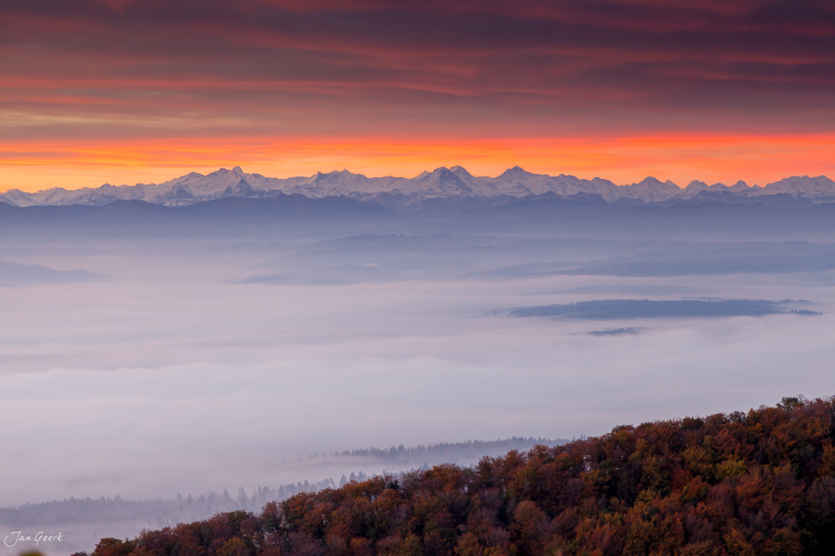 Alpenkette bei Sonnenaufgang über Nebelmeer Stafelegg Wasserfluh Jura Schweiz Jan Geerk