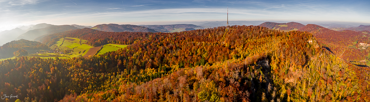 Herbstlandschaft mit Wald und Sendeturm auf der Wasserfluhe Nordwestschweiz Schweiz – Jan Geerk Fotograf Basel