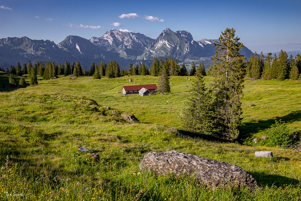 Alpwirtschaft Sellamatt mit Berghaus, grüne Wiesen und Churfirsten im Sommer, Schweiz – Jan Geerk Fotograf Basel