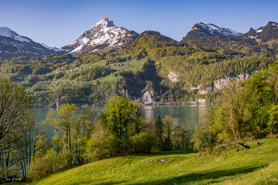 Alpensee Walensee mit schneebedeckten Bergen, grünen Wiesen und Frühjahrsblüte in der Ostschweiz – Jan Geerk Fotograf Basel