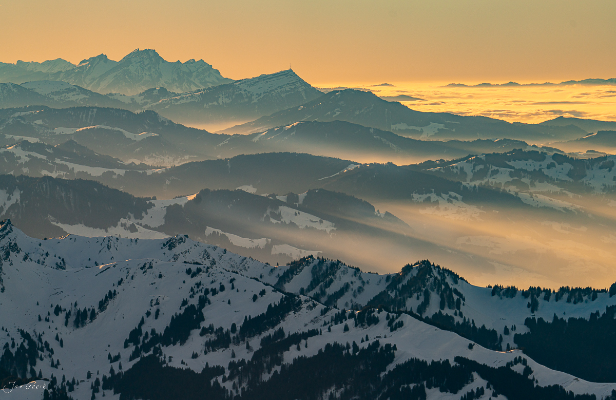Säntis Appenzell Alpen Sonnenuntergang Schnee Ostschweiz Schweiz Jan Geerk Fotograf Basel