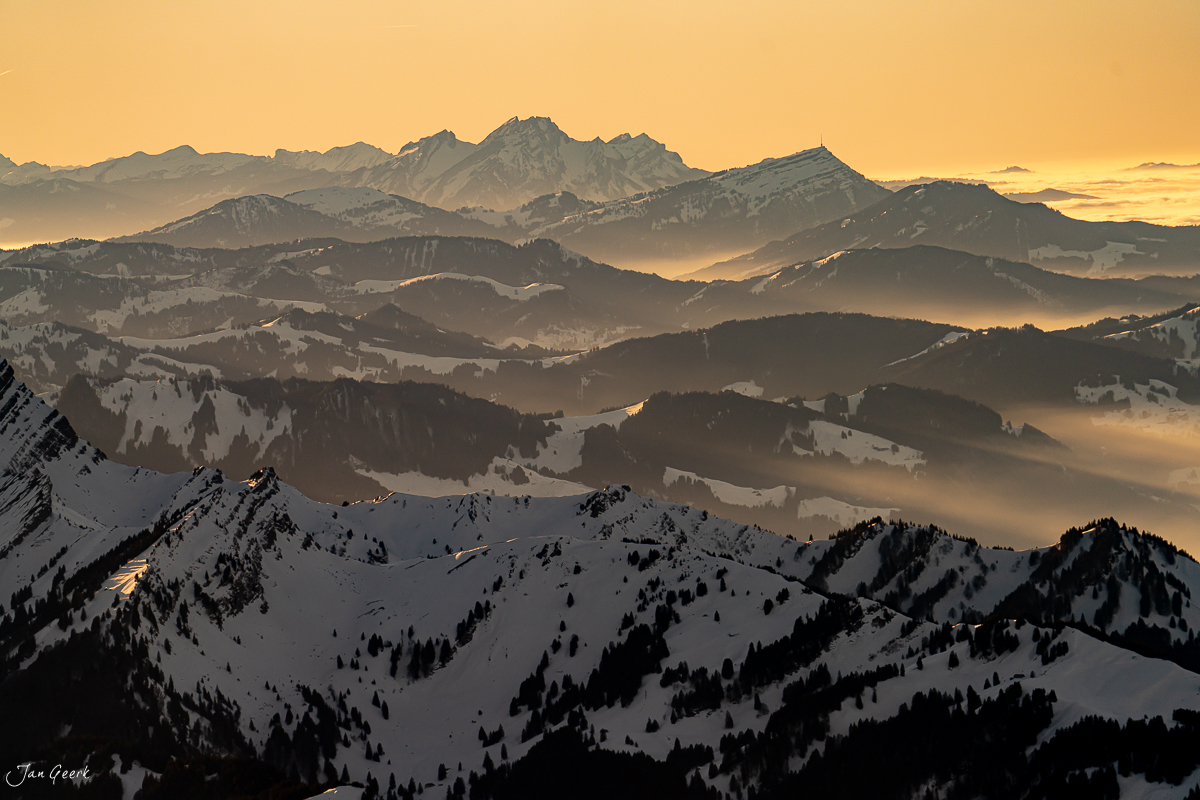 Säntis Alpsteinmassiv Appenzell Alpen Sonnenuntergang Schnee Ostschweiz Schweiz – Jan Geerk Fotograf Basel