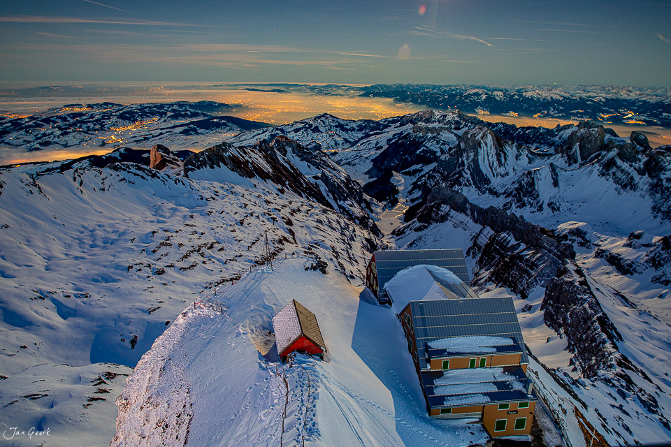 Säntis Gipfel Bergstation Sonnenuntergang Winter Appenzell Alpen Schweiz – Jan Geerk Fotograf Basel