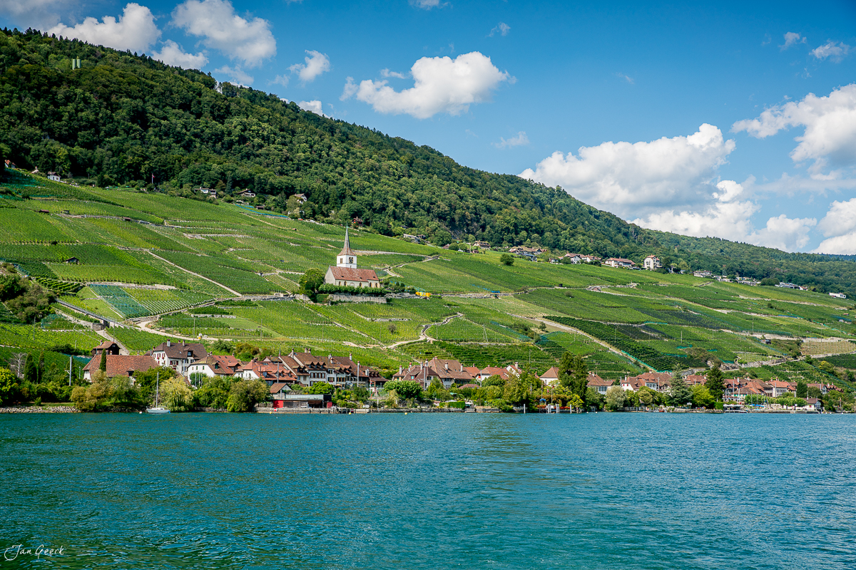 Dorfansicht Erlach am Bielersee mit Kirche, Weinbergen und grünen Hügeln, Sommerstimmung Seeland Schweiz – Jan Geerk Fotograf Basel