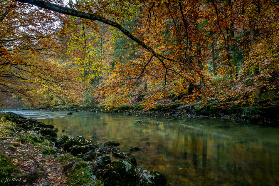 Herbstliche Flusslandschaft an der Areuse mit goldenem Laubwald und spiegelndem Wasser in den Gorges de l'Areuse Schweiz – Jan Geerk Fotograf Basel