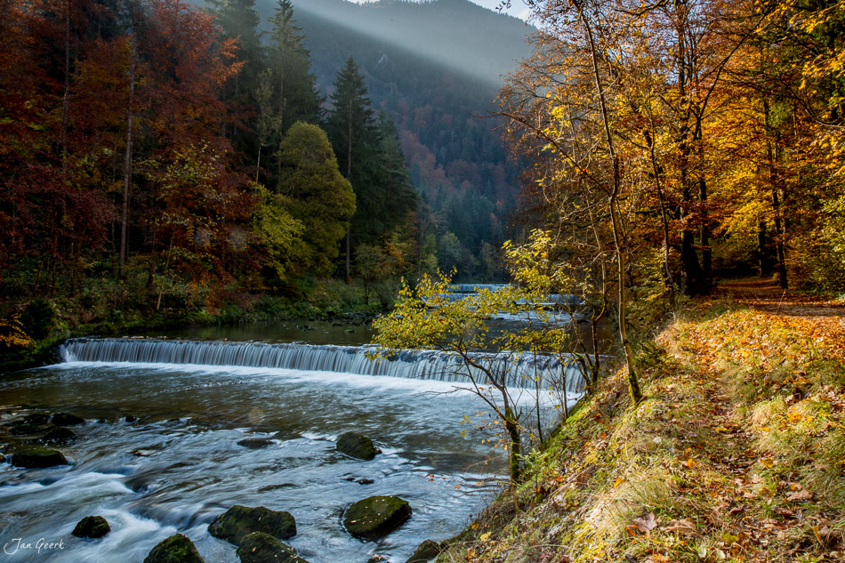 Herbstlicher Wasserfall in den Gorges de l'Areuse mit gelbem Laubwald und Bergwald in der Schweiz – Jan Geerk Fotograf Basel